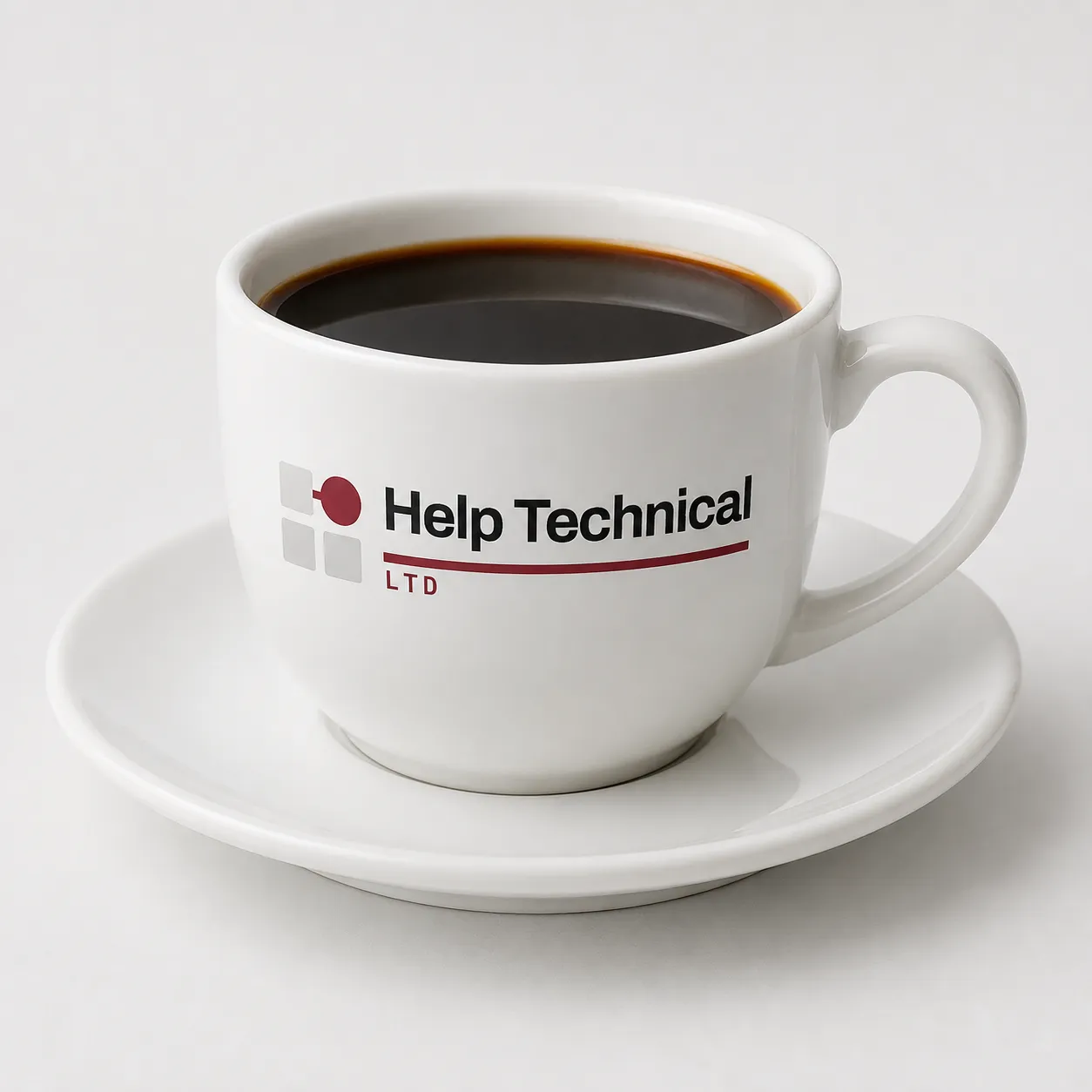 A white coffee cup and saucer carrying the Help Technical logo